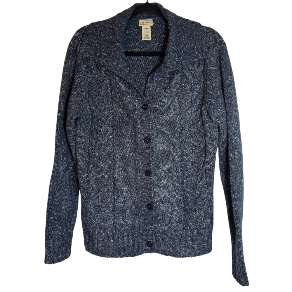 LL Bean Navy Cable Knit Full Button Up Medium Wool Blend Knit Cardigan